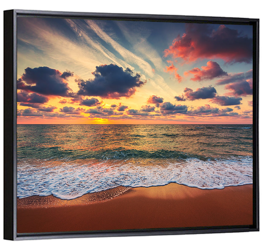 Golden Hour Beach Waves Under Cloudy Sky Wall Art