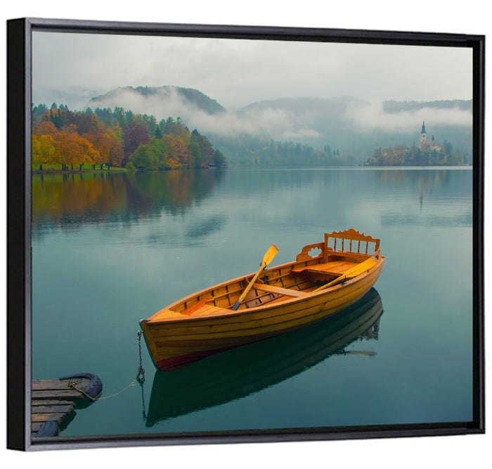 Tethered Boat on Lake Bled Wall Art as a framed canvas