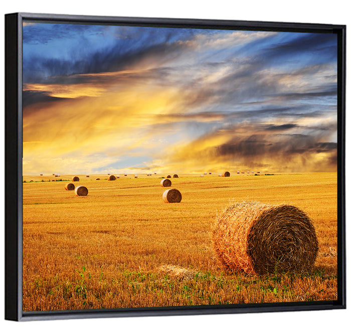 Sunset Over Hay Bales Wall Art as a framed canvas