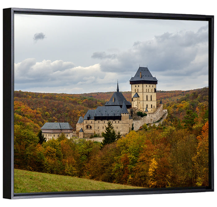 Karlštejn Castle in Autumn Forest Wall Art as a framed canvas