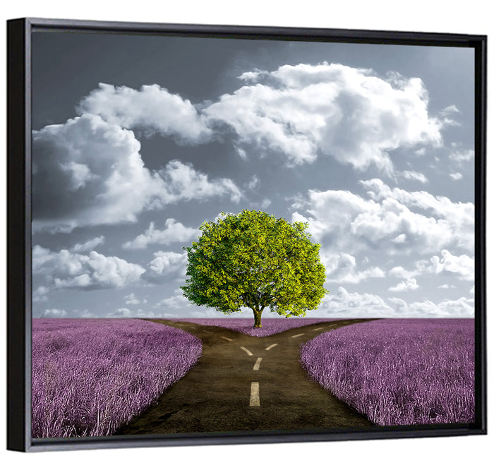 Lavender Field Crossroads with Lone Tree Wall Art as a framed canvas