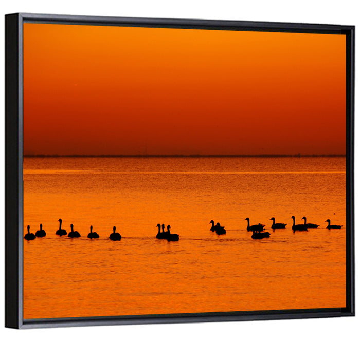 Geese Silhouettes at Orange Sunset Wall Art as a framed canvas