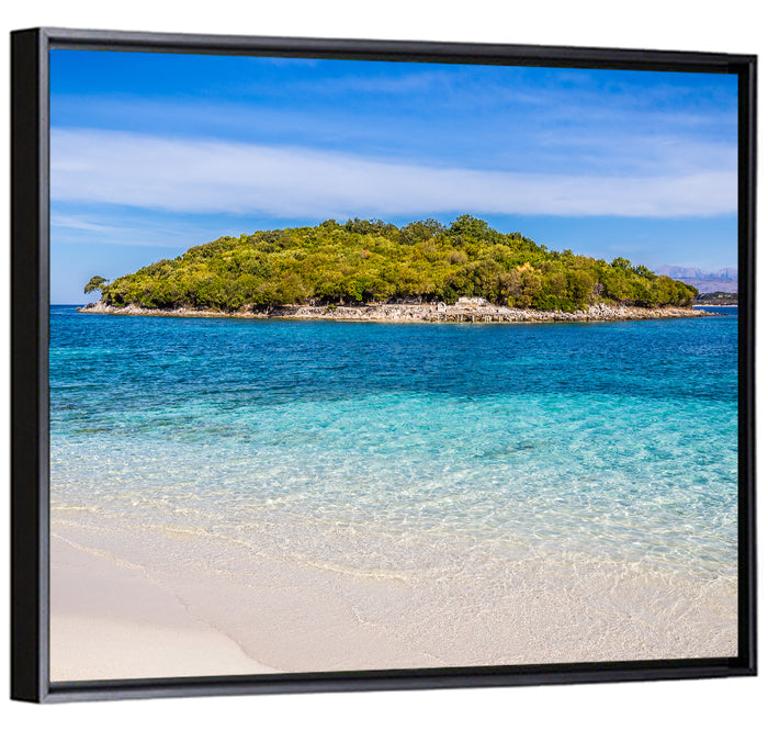 Butrint Turquoise Island Beach Wall Art as a framed canvas