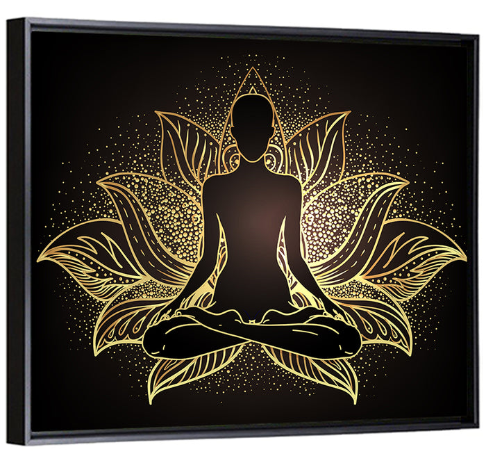 Golden Chakra Silhouette Wall Art as a framed canvas