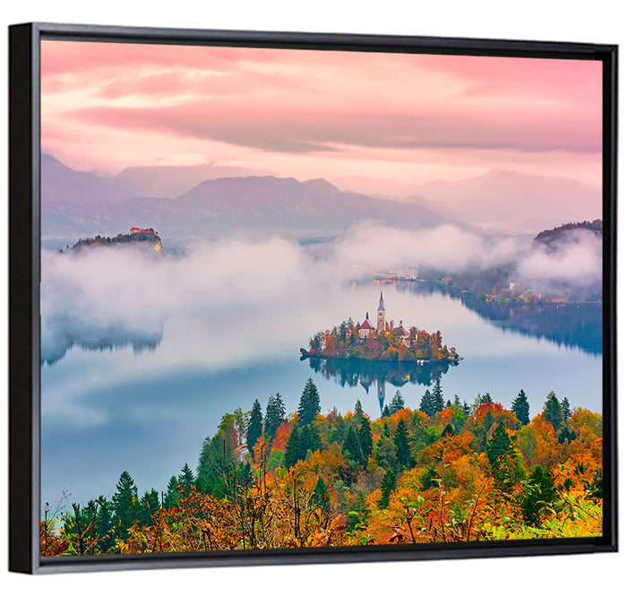Misty Morning Over Lake Bled Wall Art as a framed canvas