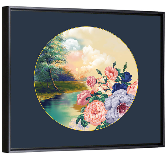 Golden Garden Circle Wall Art as a framed canvas