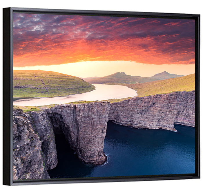 Sørvágsvatn Cliffside Dusk Wall Art as a framed canvas