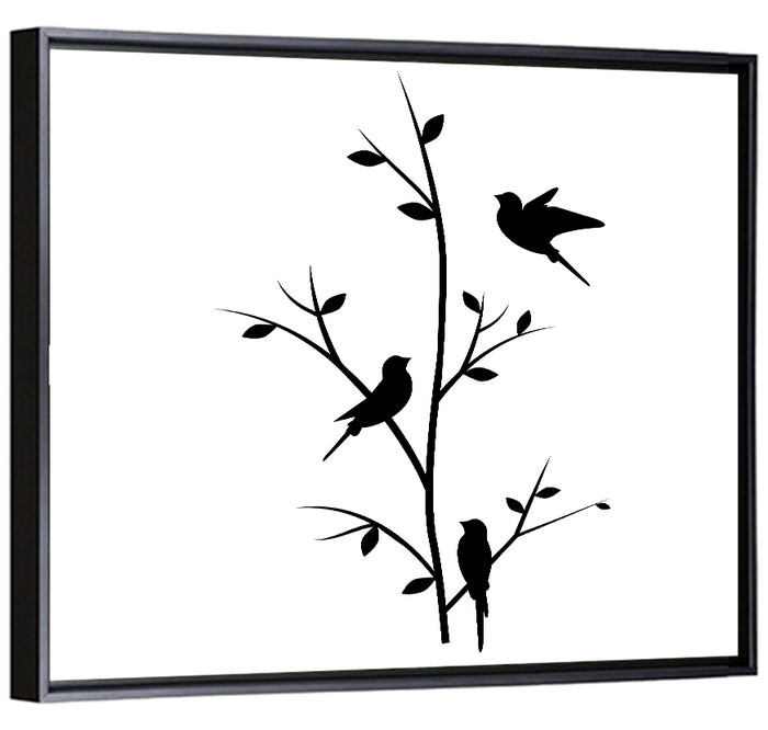 Three Birds on Branch Silhouette Wall Art as a framed canvas