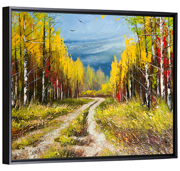 Autumn Birch Path with Two Birds Wall Art as a framed canvas