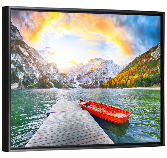 Pier at Lago Di Braies Wall Art as a framed canvas