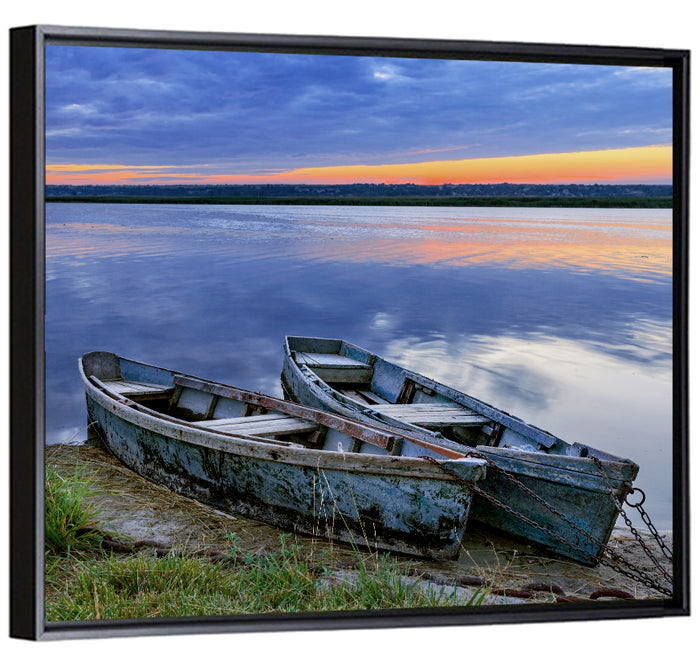 Chained Rowboats at Dusk Wall Art as a framed canvas