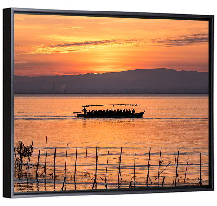 Albufera Sunrise Boat Silhouette Wall Art as a framed canvas