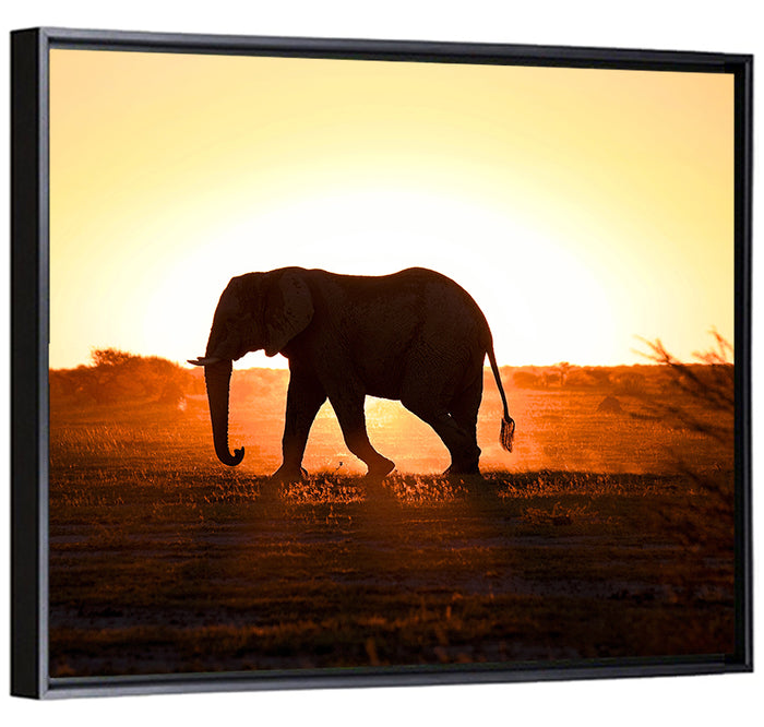 Golden Hour Elephant Silhouette Wall Art as a framed canvas