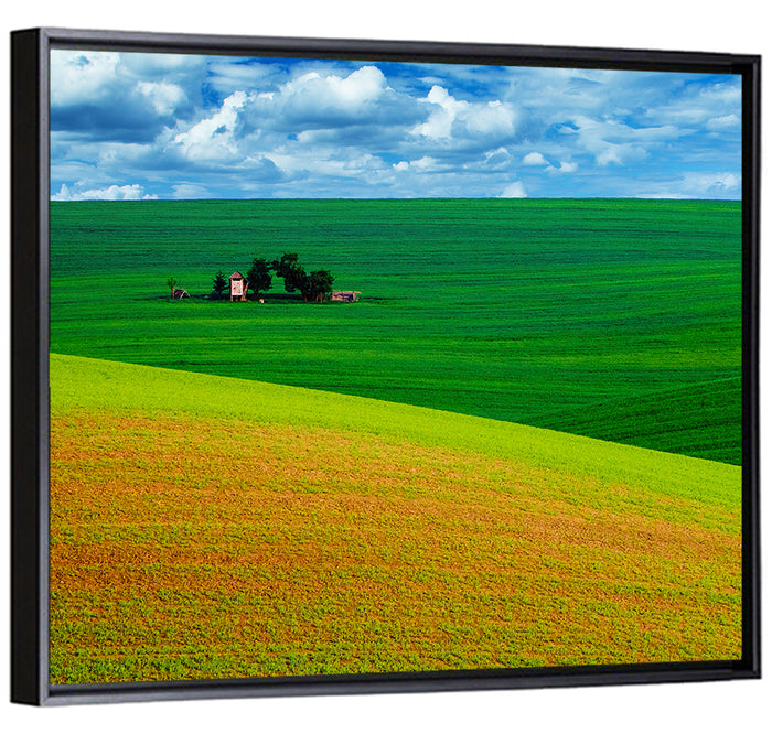 Golden Field and Green Hillside Wall Art as a framed canvas