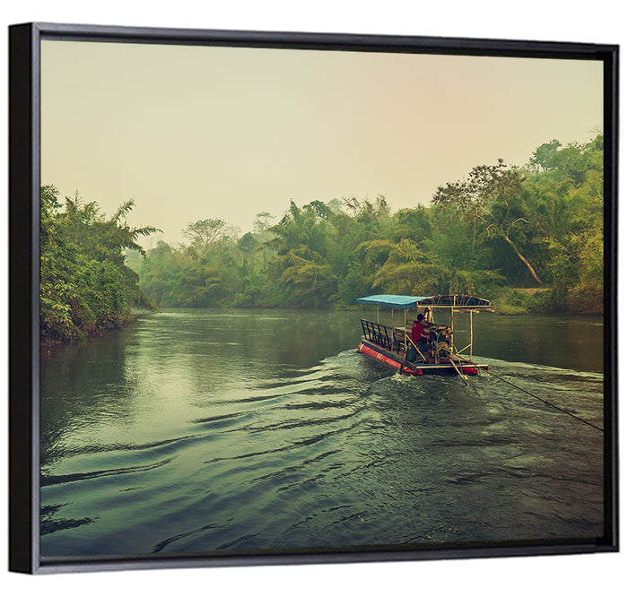 Misty Long-tail Boat on River Kwai Wall Art as a framed canvas