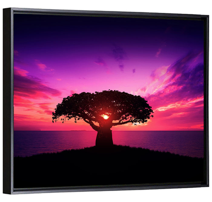 Baobab Sunset Silhouette Wall Art as a framed canvas