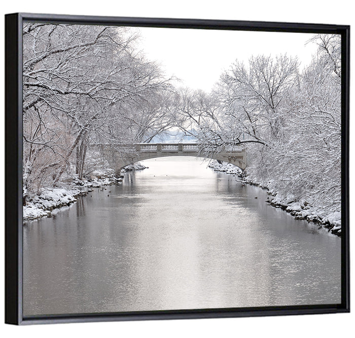 Yahara River Winter Stone Bridge Wall Art as a framed canvas