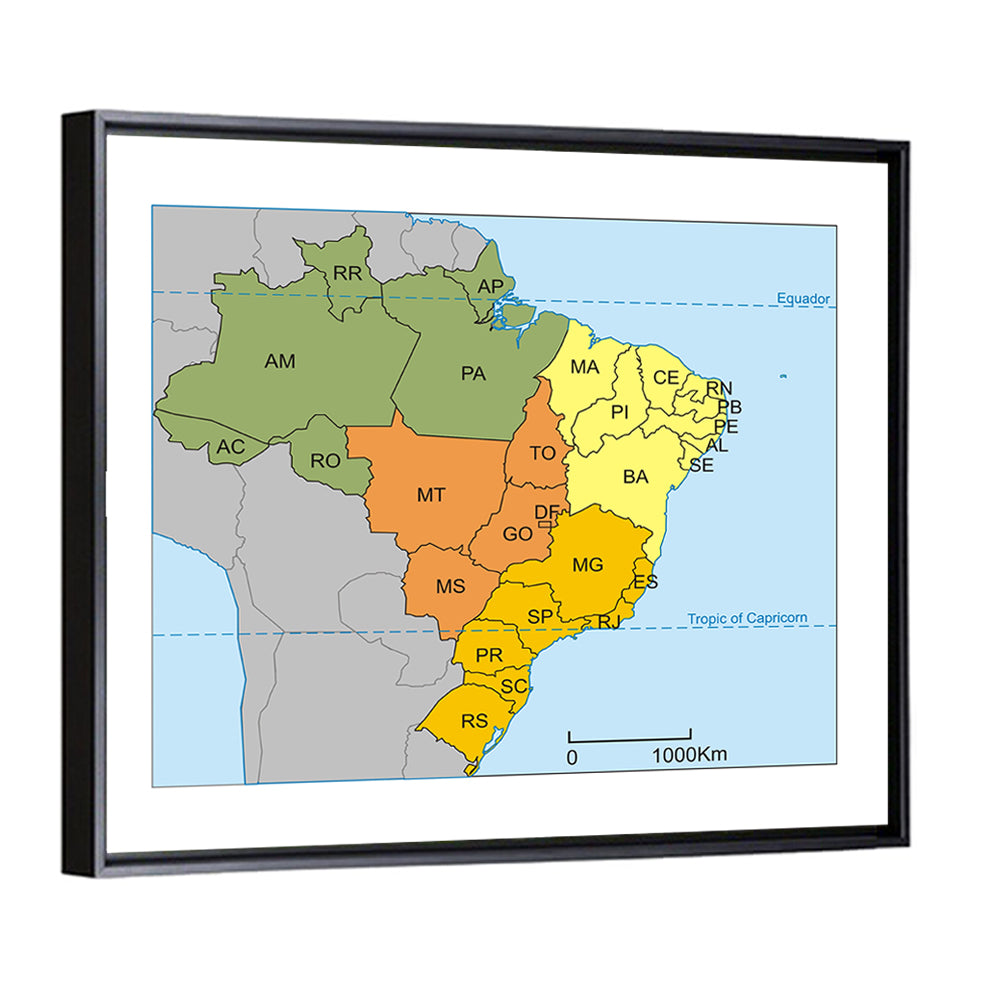 Brazil Map with State Codes Wall Art
