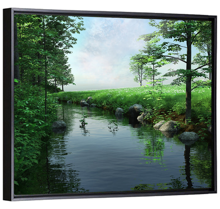 Tranquil Meadow Stream with Wildflowers Wall Art as a framed canvas