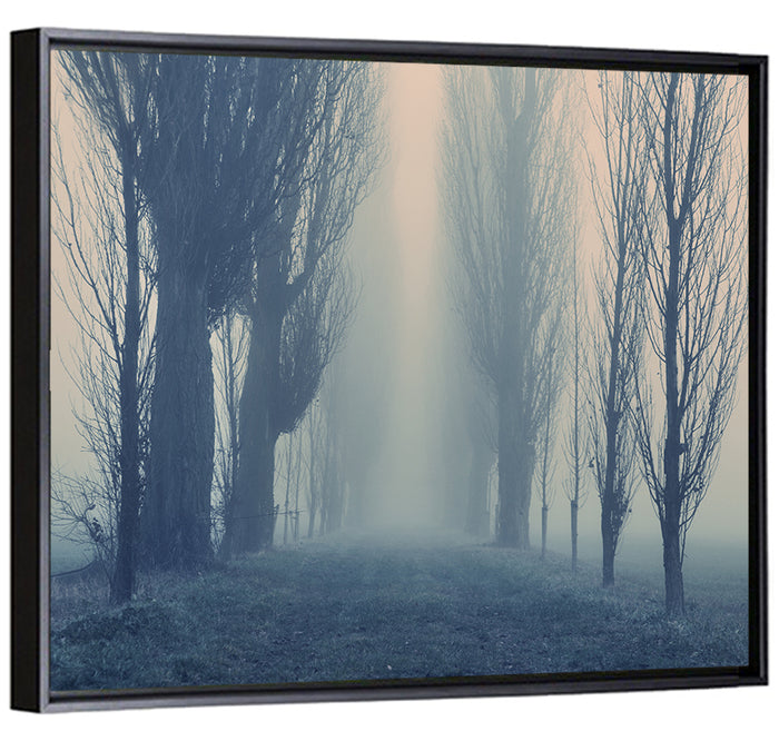 Misty Forest Pathway in Fog Wall Art as a framed canvas