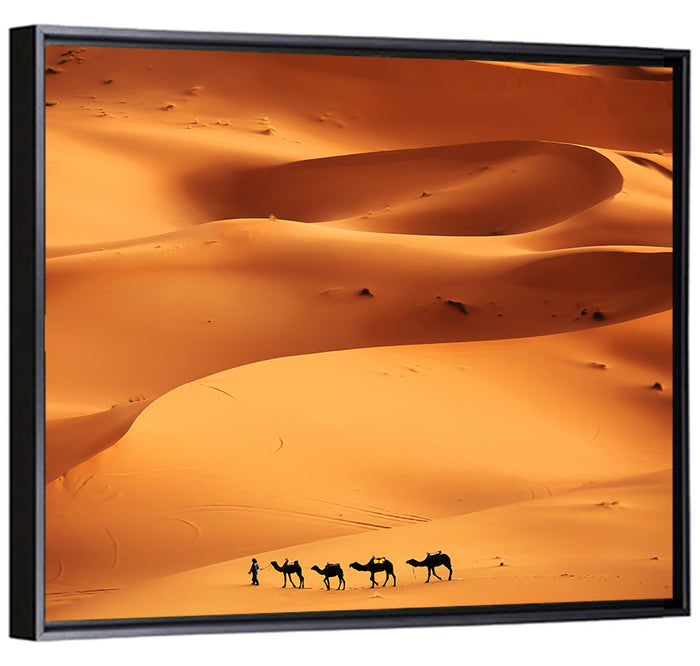 Desert Camel Caravan in Golden Dunes Wall Art as a framed canvas
