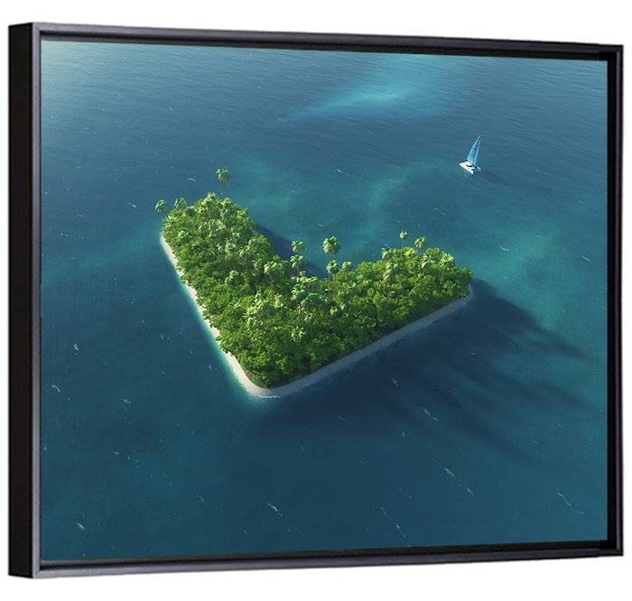V-shaped Tropical Island with Distant Catamaran Wall Art as a framed canvas