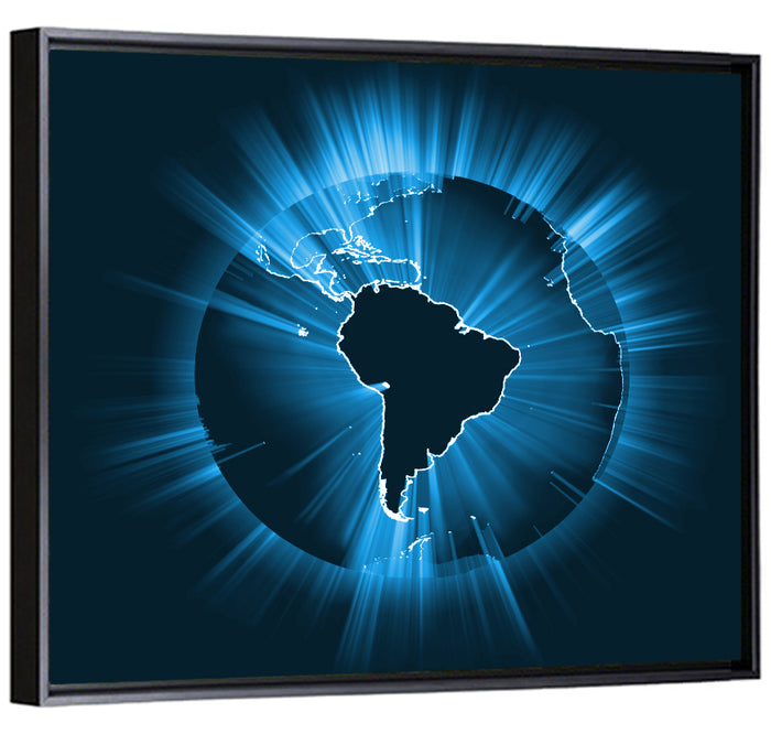 Glowing South America Map Wall Art as a framed canvas