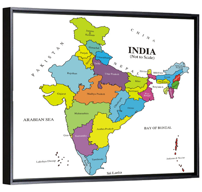 Colorful Political Map of India Wall Art as a framed canvas