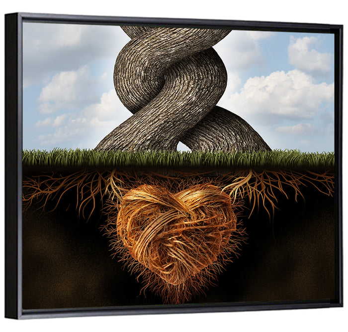 Intertwined Trees with Heart-shaped Roots Wall Art as a framed canvas