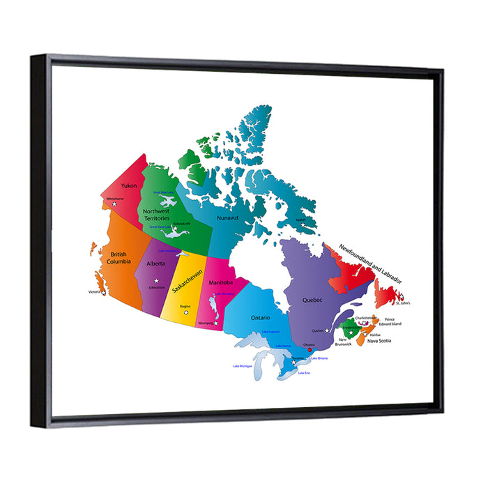 Colorful Canada Map Illustration Wall Art as a framed canvas