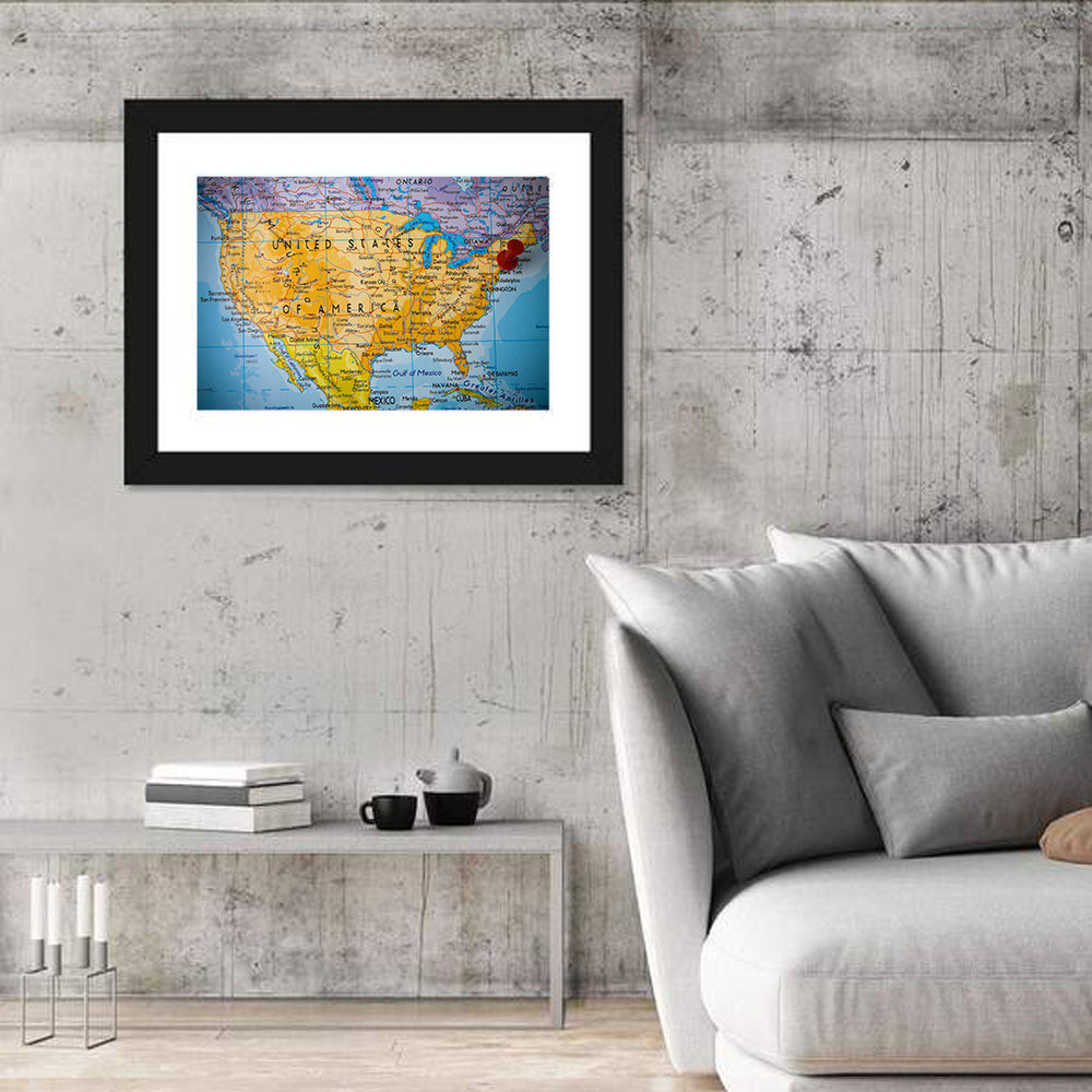 Vintage USA Map with Northeastern Pushpin Wall Art