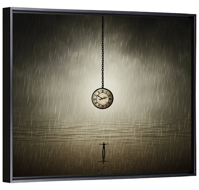 Suspended Pocket Watch in Rain Wall Art as a framed canvas