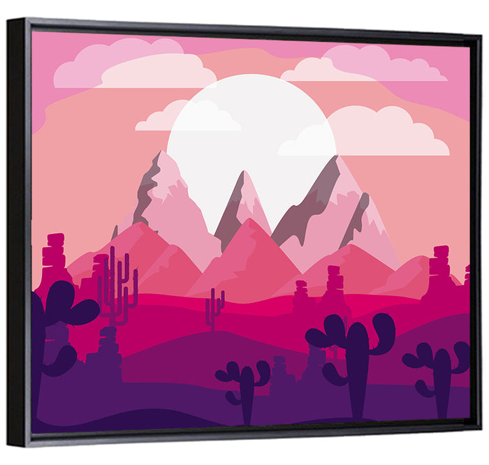 Magenta Desert Mountains Illustration Wall Art as a framed canvas