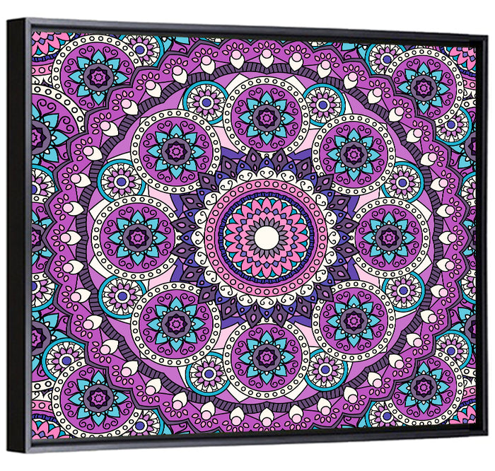 Vibrant Purple Teal Mandala Pattern Wall Art as a framed canvas