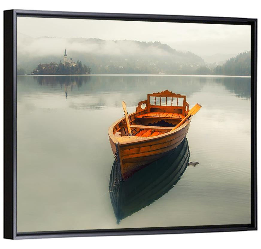 Wooden Boat on Misty Lake Bled Wall Art