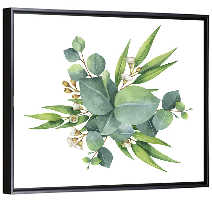 Eucalyptus Leaf Watercolor Cluster Wall Art as a framed canvas