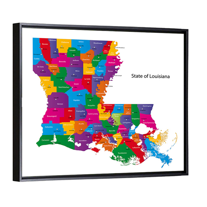 Colorful Louisiana Parish Map Wall Art as a framed canvas