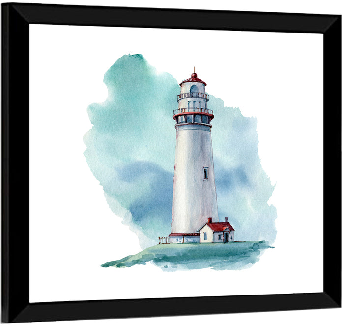 Red Roof Lighthouse Watercolor Wall Art as a framed print