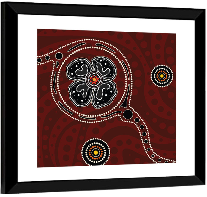Aboriginal Poppy Dot Motif Wall Art as a framed print