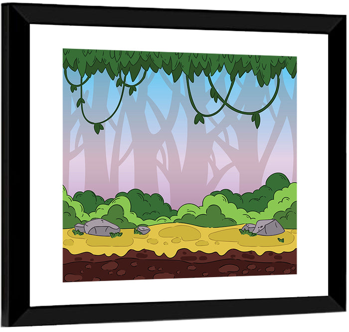 Playful Jungle Path Illustration Wall Art as a framed print