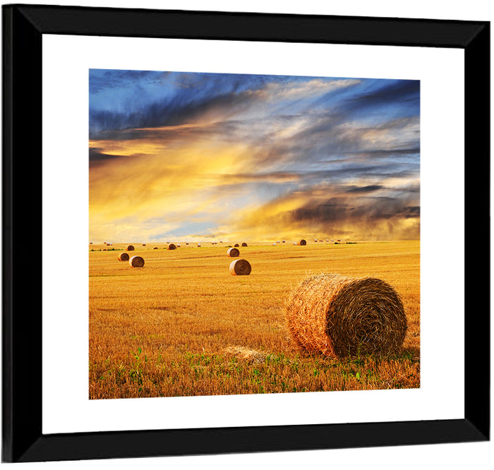 Sunset Over Hay Bales Wall Art as a framed print