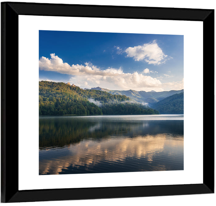 Golden Mist Mountain Lake Wall Art as a framed print