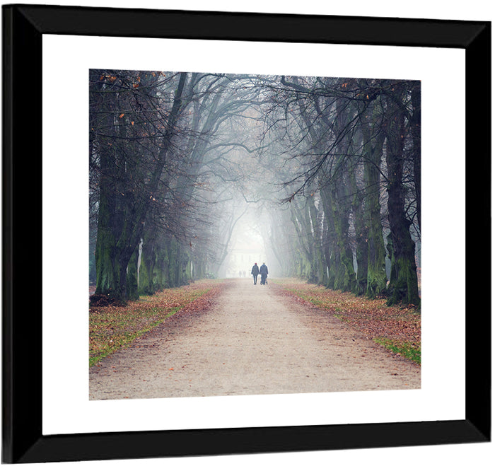 Foggy Tree Lined Walkway in Autumn Wall Art as a framed print