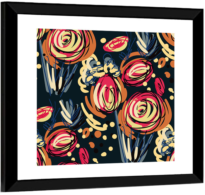 Colorful Scribbled Floral Pattern Wall Art as a framed print