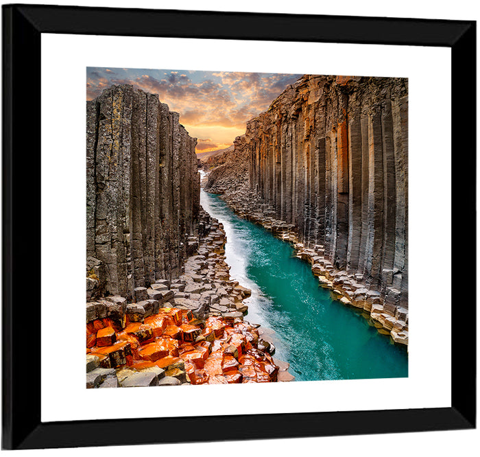 Stuðlagil Canyon Basalt Columns at Golden Hour Wall Art as a framed print