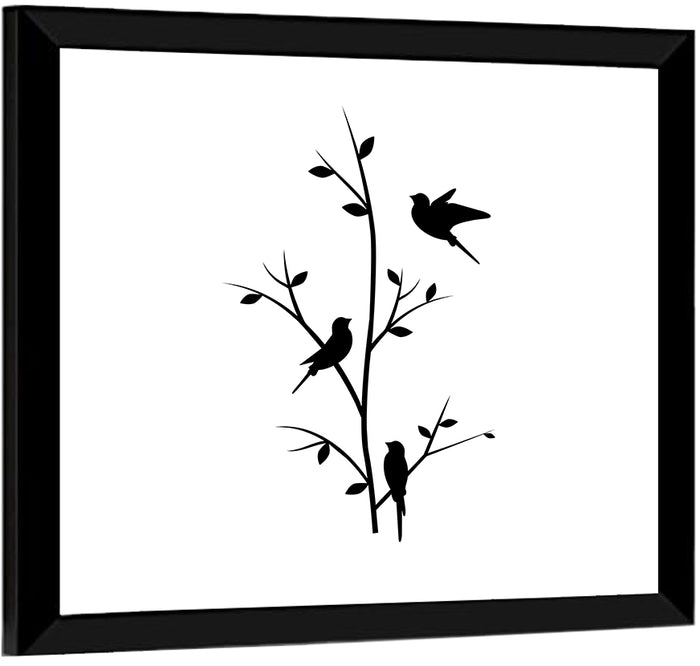 Three Birds on Branch Silhouette Wall Art as a framed print