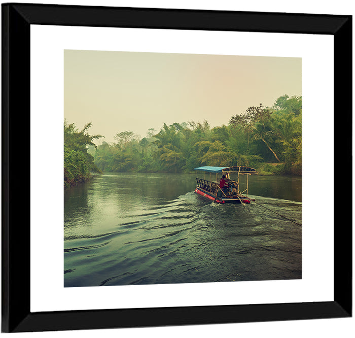 Misty Long-tail Boat on River Kwai Wall Art as a framed print