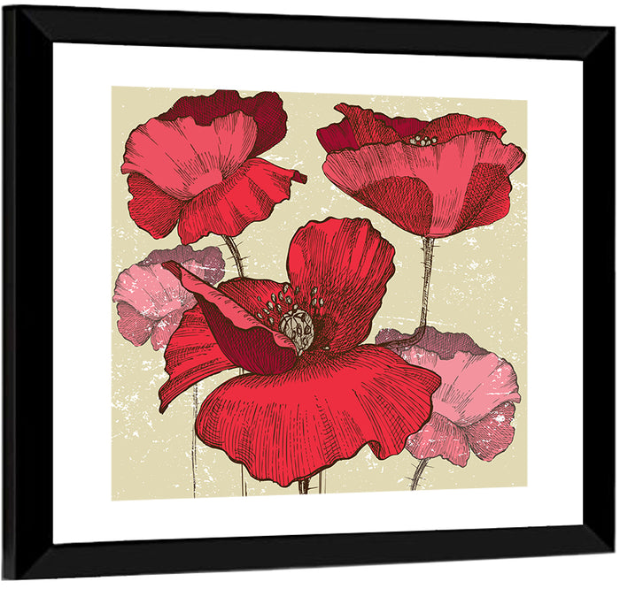 Vintage Poppy Illustration Wall Art as a framed print