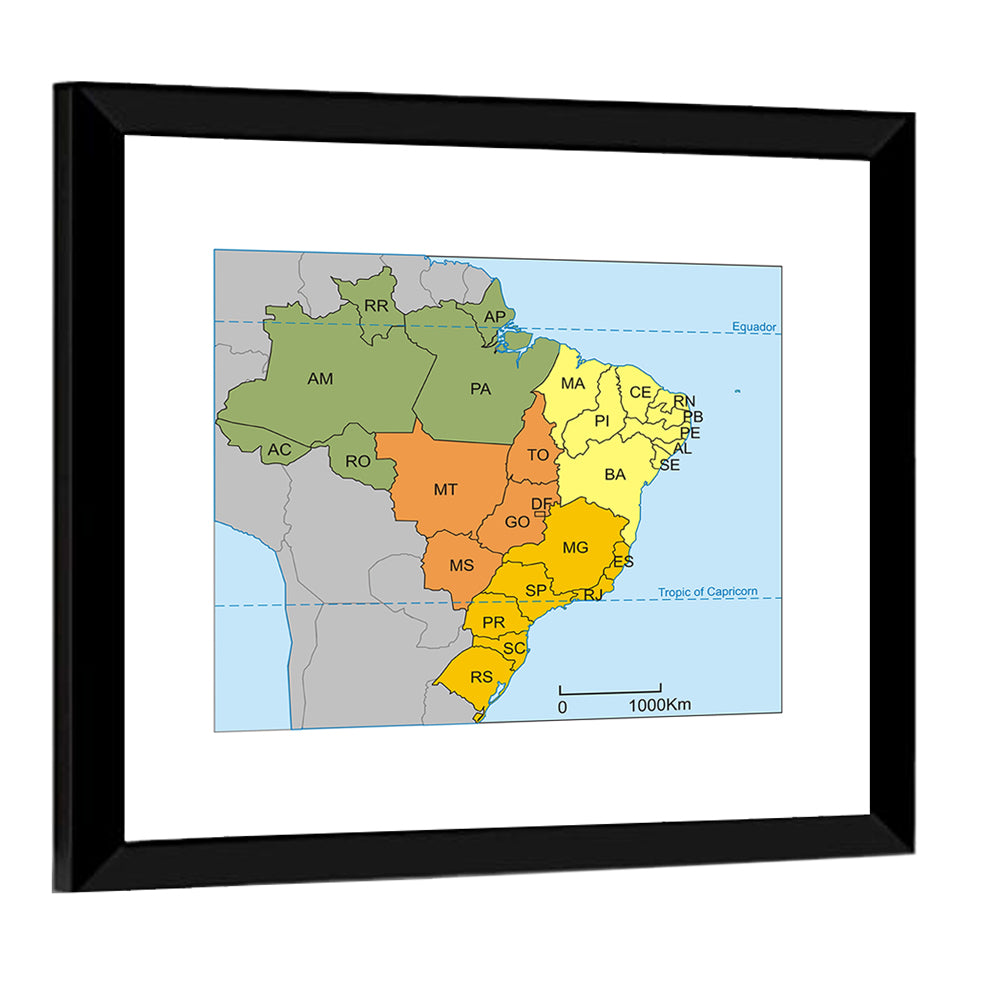 Brazil Map with State Codes Wall Art