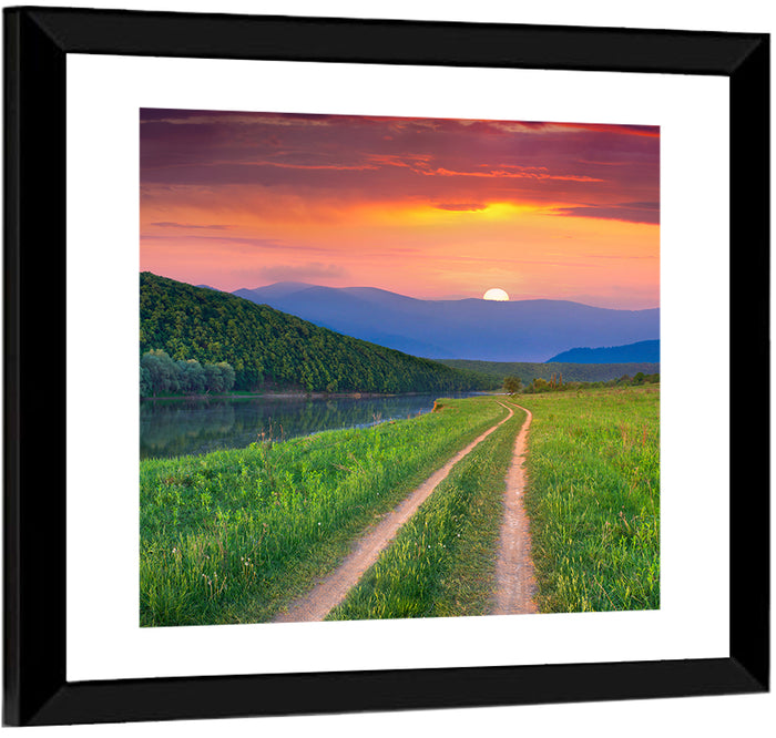 Sunset Path to Mountain Lake Wall Art as a framed print
